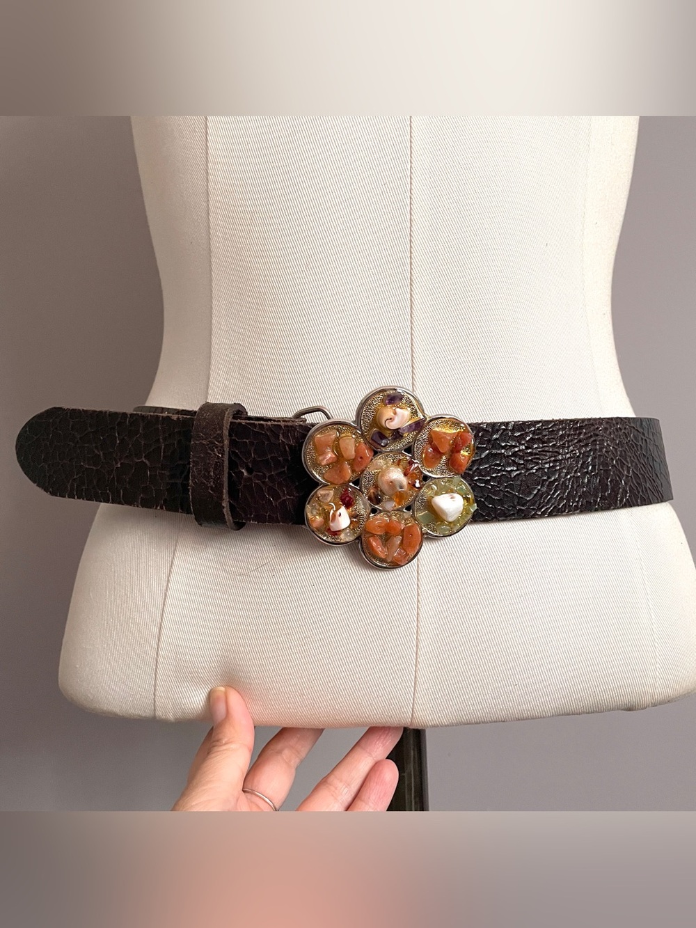 Cracked Brown Leather Belt Orange Stone Encrusted Flower Belt - Small 🇨🇦
